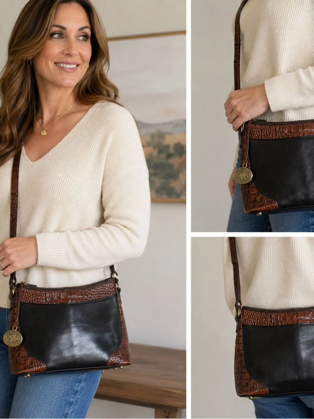 Vintage Brahmin Black Brown Leather Croc Trim Crossbody Shoulder Bag USA